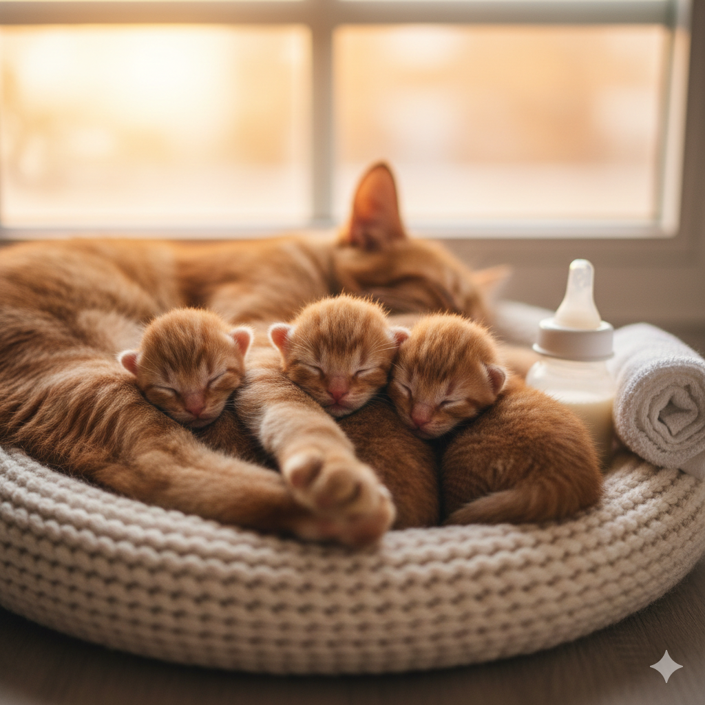 Mãe gata laranja e três filhotes recém-nascidos dormindo juntos em ninho com mamadeira ao lado.