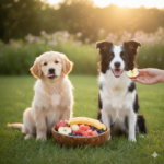 Frutas que Cães Podem Comer: 10 Opções Seguras e 5 Proibidas Golden Retriever olhando atentamente para uma maçã vermelha fresca sobre fundo desfocado.