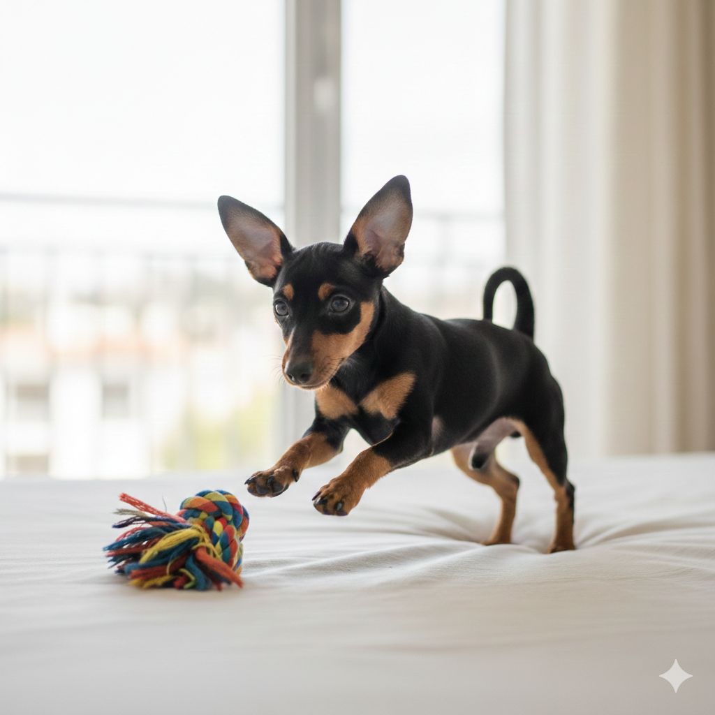 Filhote de cachorro Pinscher preto e canela pulando animado em uma cama branca para pegar um brinquedo colorido de corda.