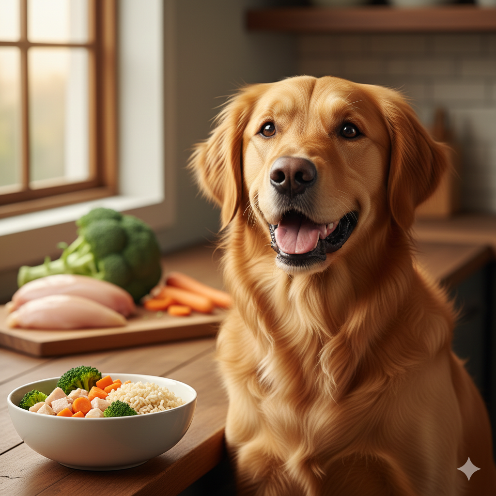 Um cão saudável sentado ao lado de uma tigela com comida natural feita de frango, brócolis e cenoura.