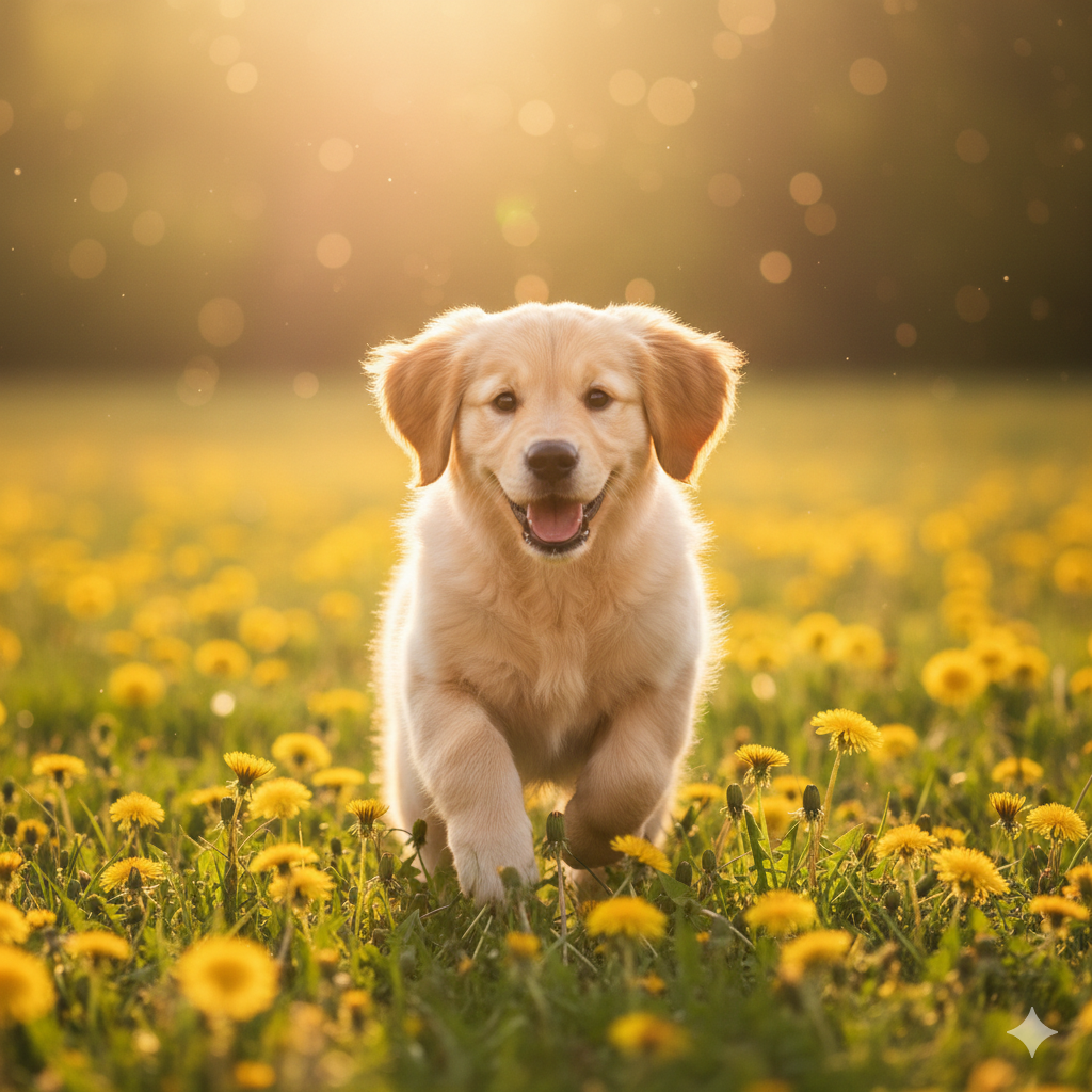 Filhote de Golden Retriever correndo alegremente em um campo de flores amarelas durante o pôr do sol.