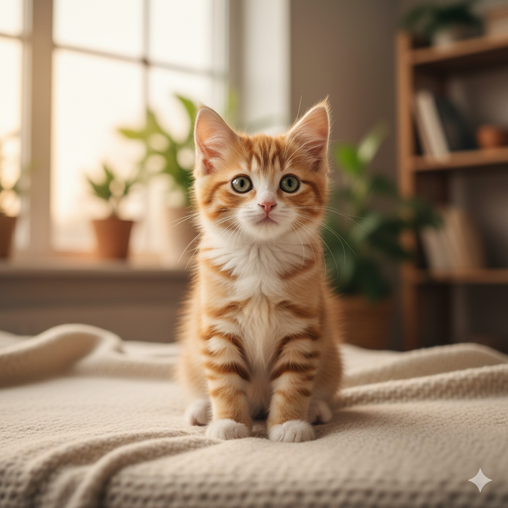 Filhote de gato laranja e branco sentado em uma manta bege em uma sala iluminada, olhando para a câmera com olhos curiosos.