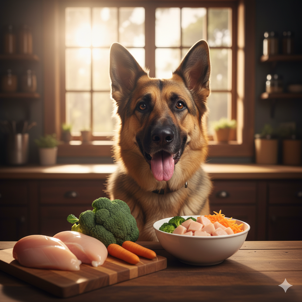 Cachorro Pastor Alemão sorridente em uma cozinha com uma tigela de comida natural, cenouras, brócolis e peito de frango fresco sobre a mesa.