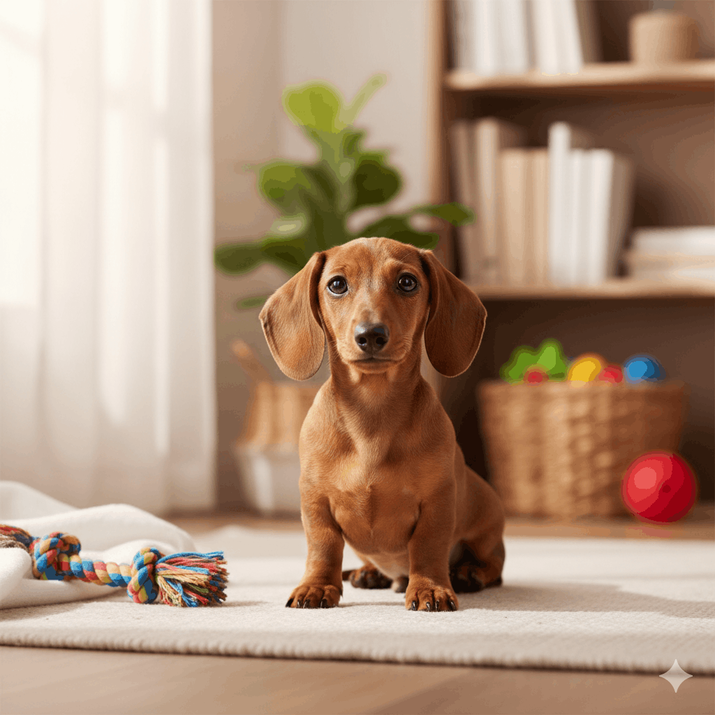 Filhote de cachorro salsicha marrom sentado em um tapete claro dentro de casa, com brinquedos ao fundo e iluminação suave.