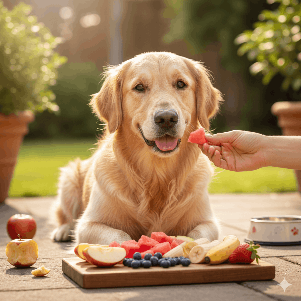 Frutas que Cães Podem Comer: 10 Opções Seguras e 5 Proibidas Cachorro feliz ao lado de fatias de melancia e frutas coloridas em ambiente iluminado.