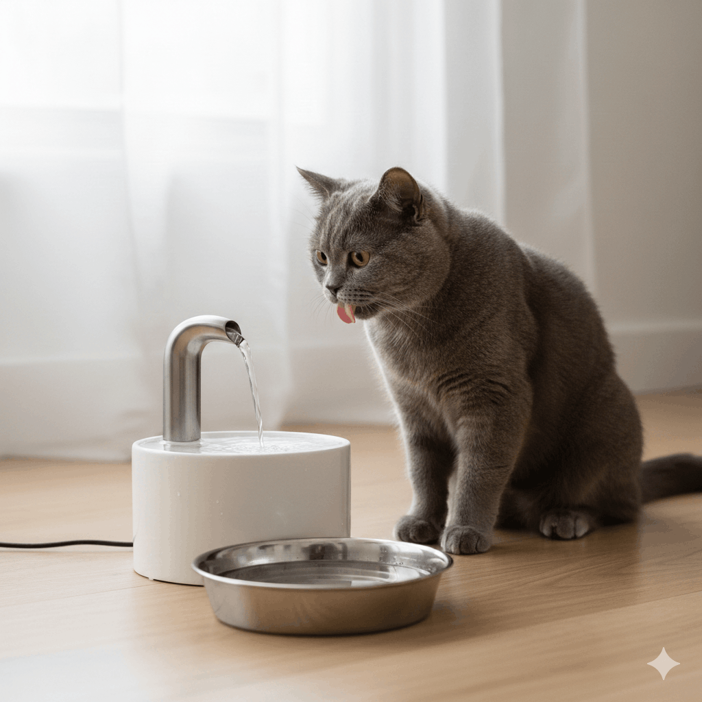 Gato doméstico bebendo água limpa em um pote de vidro transparente.