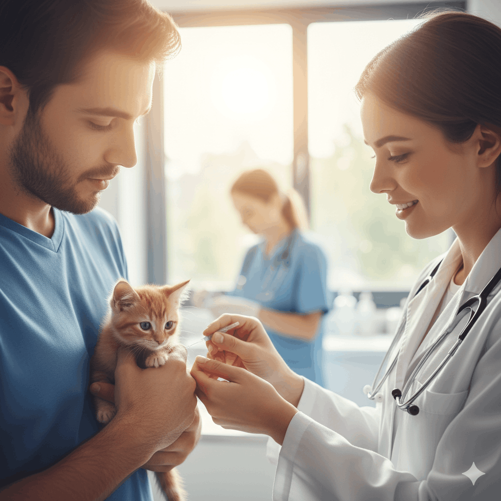 Veterinária sorridente aplicando vacina em um gato filhote laranja segurado cuidadosamente pelo tutor em um consultório iluminado.