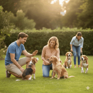 Mulher sorridente agachada na sala de casa recompensando um cachorro Golden Retriever que está sentado calmamente, demonstrando como adestrar cachorro em casa.