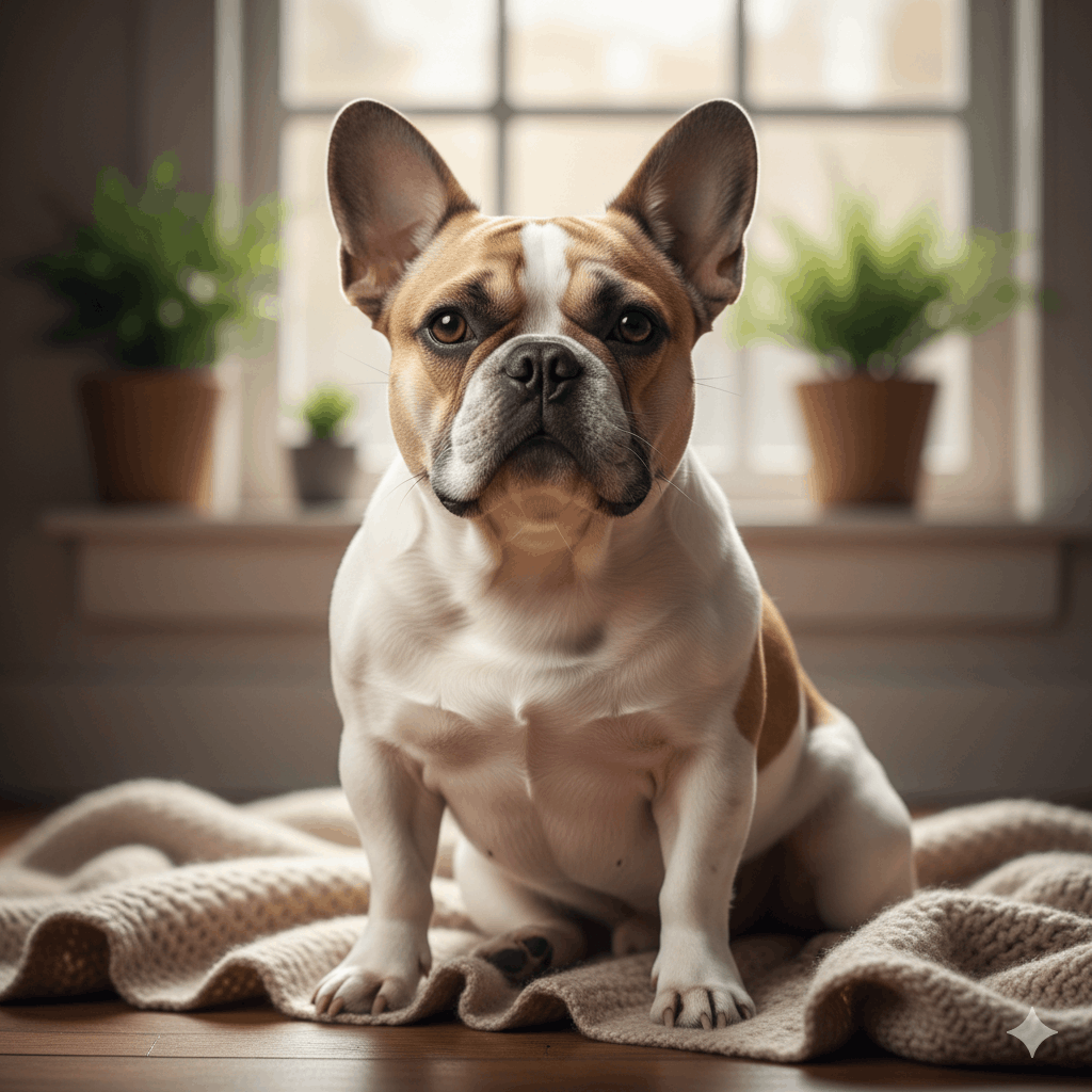 Um Bulldog Francês de pelagem branca e malhas marrons, sentado sobre uma manta de tricô bege em um chão de madeira. Ao fundo, uma janela iluminada e vasos de plantas, criando uma atmosfera acolhedora e realista.
