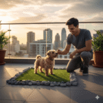 Homem sorrindo e oferecendo petisco para um cachorro pequeno em cima de um tapete de grama sintética na varanda, ensinando como ensinar o cão a fazer necessidades no lugar certo.