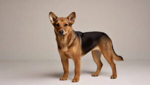 Cachorro inteiro de pé em fundo neutro, vira-lata caramelo e preto olhando para a frente, imagem realista para ilustrar escolha de nome para cachorro.