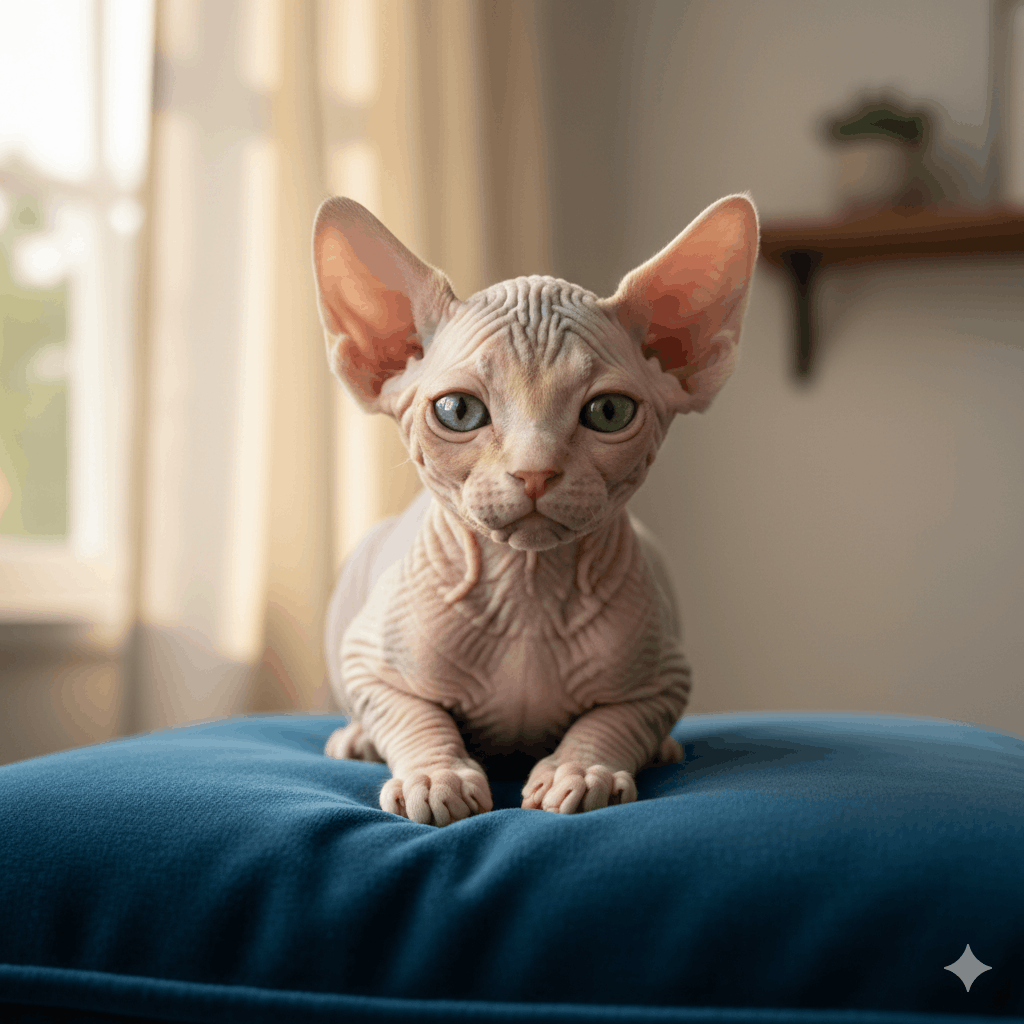 Foto de um filhote de gato da raça Sphynx (sem pelos), com pele rosada e enrugada, grandes orelhas pontiagudas e olhos azuis expressivos, sentado sobre uma almofada azul em um ambiente iluminado.