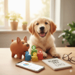 Cachorro sentado ao lado de gráficos financeiros, tigela de ração e moedas, representando o cálculo de quanto custa ter um cachorro por mês.