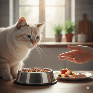 Gato de pelagem clara e olhos azuis observando uma tigela de ração e frutas, representando o comportamento de um gato que não quer comer ração seca em um ambiente doméstico.