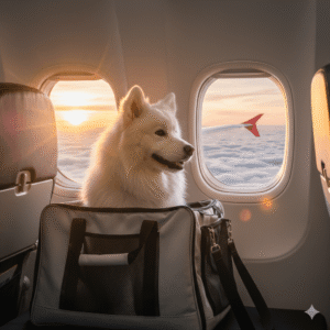 Cachorro pequeno em bolsa de transporte confortável para viajar com pet de avião com segurança.