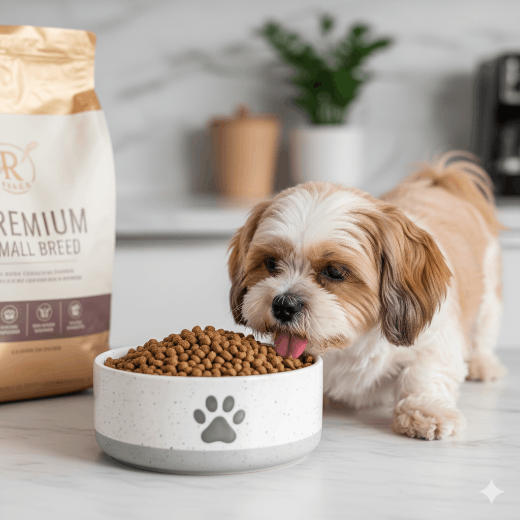 Um cachorro da raça Shih Tzu, de pelagem branca e marrom, lamber o focinho enquanto se prepara para comer uma tigela cheia de ração em grãos pequenos. Ao lado, uma embalagem de ração premium com a escrita "Small Breed".