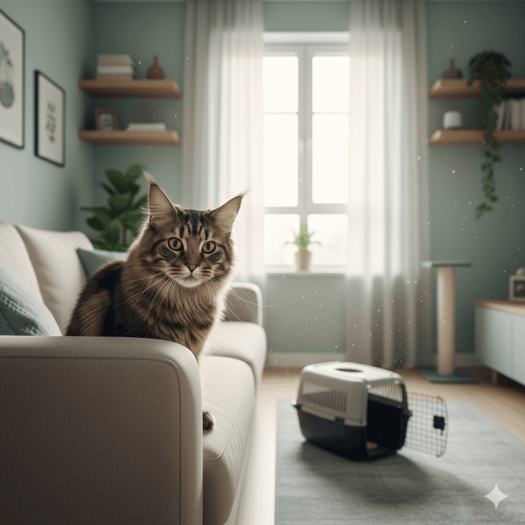 Gato sentado em frente a uma janela ensolarada observando o exterior, representando o passo a passo para adaptar gato adulto ao novo lar com tranquilidade.