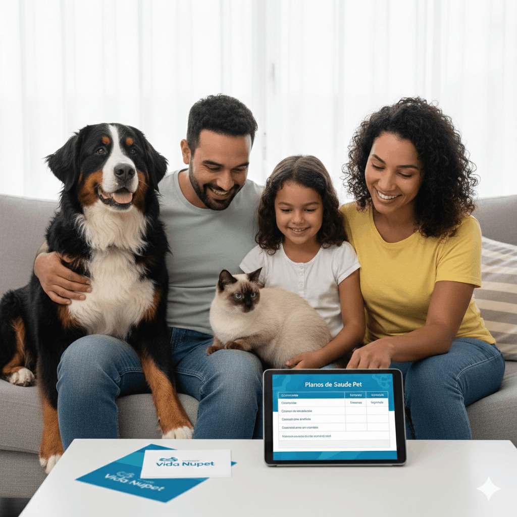 Família reunida no sofá com um cachorro Bernese e um gato siamês, analisando uma tabela de benefícios de plano de saúde pet em um tablet.