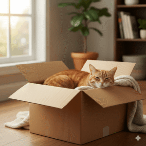 Gato doméstico deitado confortavelmente dentro de uma caixa de papelão para explicar por que gatos gostam de caixas.