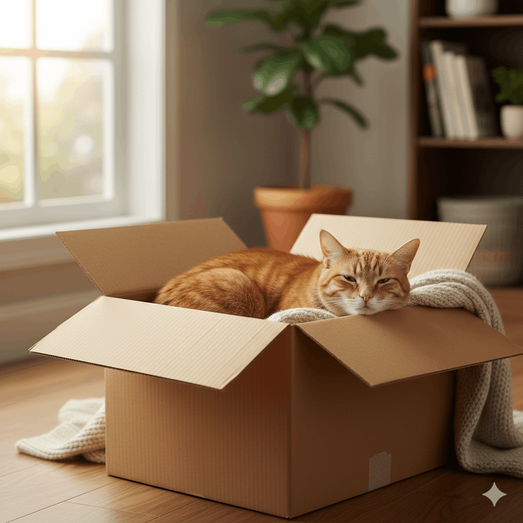 Gato doméstico deitado confortavelmente dentro de uma caixa de papelão para explicar por que gatos gostam de caixas.