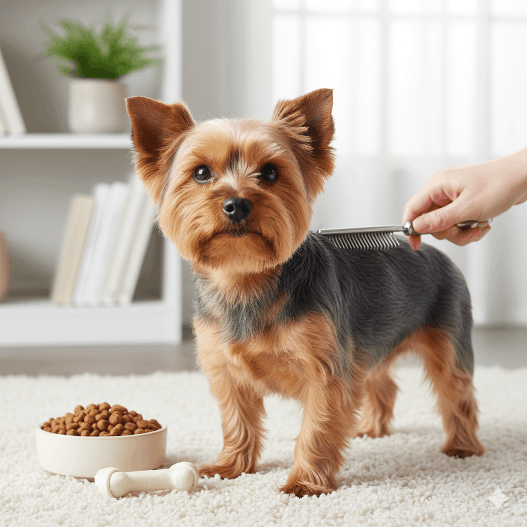 Fotografia realista de um cachorro Yorkshire Terrier em pé sobre um tapete branco. Uma mão humana escova sua pelagem lateral, enquanto à frente dele há uma tigela de cerâmica com ração e um osso de brinquedo. O fundo mostra uma sala aconchegante e iluminada.