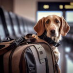 Cachorro sentado ao lado de uma bolsa de viagem em um aeroporto, pronto para embarcar em um voo ao lado do seu tutor.