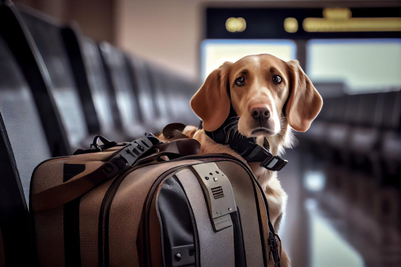 Cachorro sentado ao lado de uma bolsa de viagem em um aeroporto, pronto para embarcar em um voo ao lado do seu tutor.
