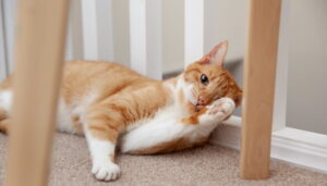 Gato arranha móveis: gato laranja e branco arranhando a perna de um móvel de madeira no chão